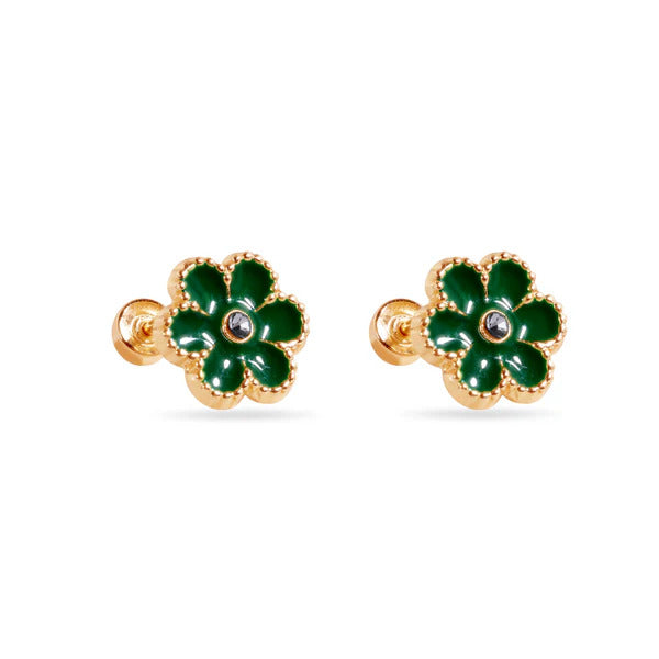 14K Yellow Gold Green Enamel Flower Screw Back Earrings