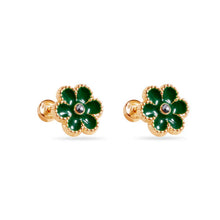 Load image into Gallery viewer, 14K Yellow Gold Green Enamel Flower Screw Back Earrings