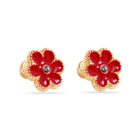 14K Yellow Gold Red Enamel Flower Screw Back Earrings