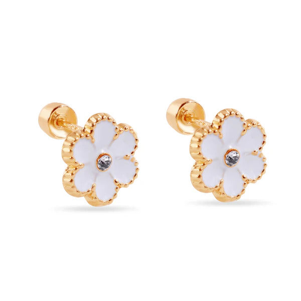 14K Yellow Gold White Enamel Flower Screw Back Earrings