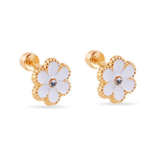 Load image into Gallery viewer, 14K Yellow Gold White Enamel Flower Screw Back Earrings