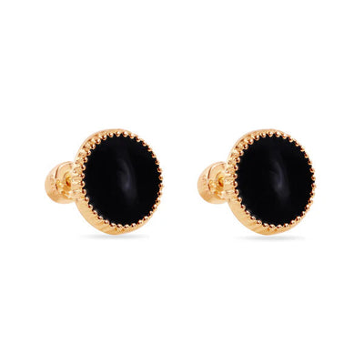 14K Yellow Gold Black Enamel Circular Screw Back Earrings