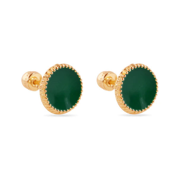 14K Yellow Gold Green Enamel Circular Screw Back Earrings