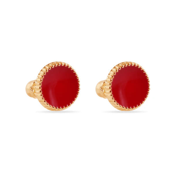 14K Yellow Gold Red Enamel Circular Screw Back Earrings