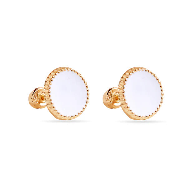 14K Yellow Gold White Enamel Circular Screw Back Earrings