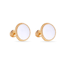 Load image into Gallery viewer, 14K Yellow Gold White Enamel Circular Screw Back Earrings