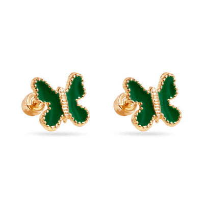 14K Yellow Gold Green Butterfly Enamel Screw Back Earrings