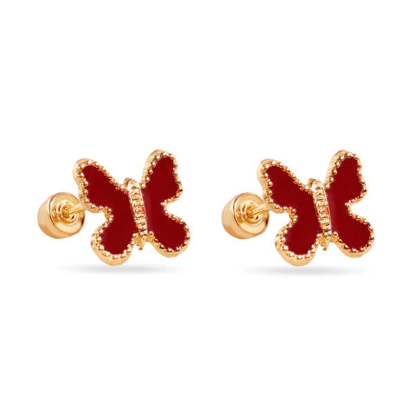 14K Yellow Gold Red Butterfly Enamel Screw Back Earrings