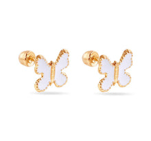 Load image into Gallery viewer, 14K Yellow Gold White Butterfly Enamel Screw Back Earrings