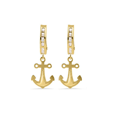 14K Yellow Gold Hoop Half Studded Clear CZ Anchor Latch Box Earrings
