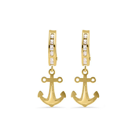 14K Yellow Gold Hoop Half Studded Clear CZ Anchor Latch Box Earrings