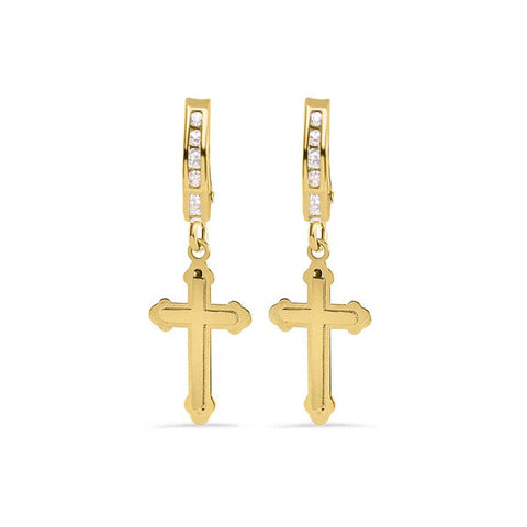 14K Yellow Gold Hoop Half Studded Clear CZ Cross Latch Box Earrings