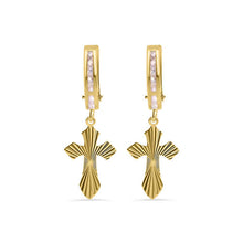 Load image into Gallery viewer, 14K Yellow Gold Hoop Half Studded Clear CZ Diamond Cut Cross Latch Box Earrings