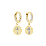 14K Yellow Gold Hoop Studded Clear CZ Diamond Cut Cross Latch Box Earrings