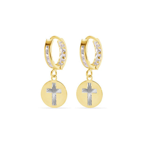 14K Yellow Gold Hoop Studded Clear CZ Diamond Cut Cross Latch Box Earrings