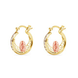 14K Yellow Gold Two Tone Hoop Studded Clear CZ Our Lady of Guadalupe Latch Box Earrings