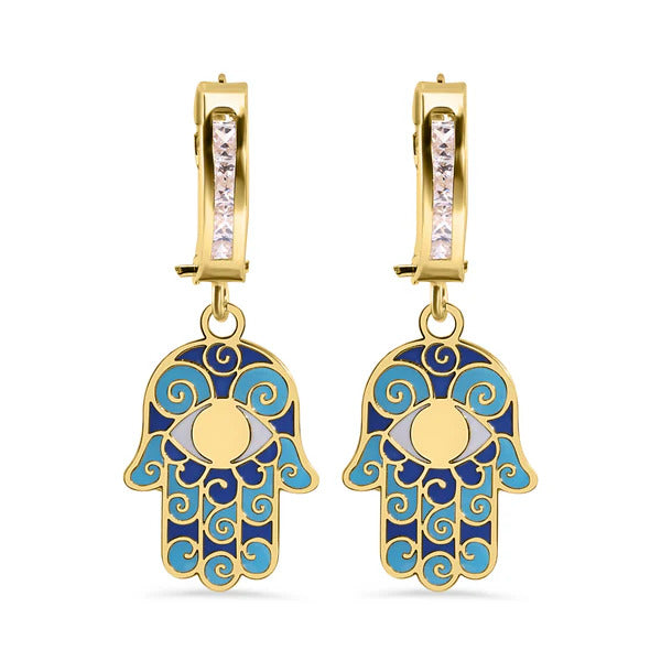 14K Yellow Gold Hoop Studded Clear CZ Enamel Hamsa Latch Box Earrings