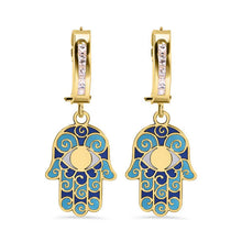 Load image into Gallery viewer, 14K Yellow Gold Hoop Studded Clear CZ Enamel Hamsa Latch Box Earrings