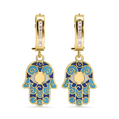 14K Yellow Gold Hoop Studded Clear CZ Enamel Hamsa Latch Box Earrings