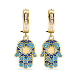 14K Yellow Gold Hoop Studded Clear CZ Enamel Hamsa Latch Box Earrings