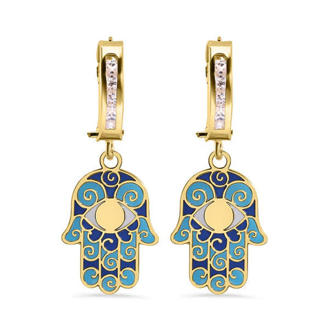 14K Yellow Gold Hoop Studded Clear CZ Enamel Hamsa Latch Box Earrings