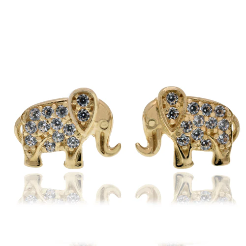 14K Yellow Gold Elephant Clear CZ Screw Back Earrings