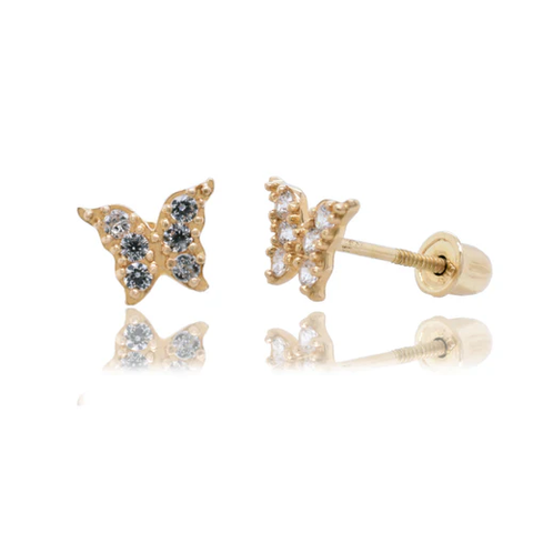 14K Yellow Gold Butterfly Clear CZ Screw Back Earrings