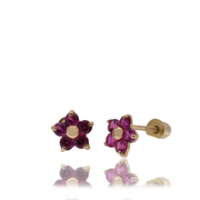 Load image into Gallery viewer, 14K Yellow Gold Flower 4.8mm Red CZ Screw Back Earrings