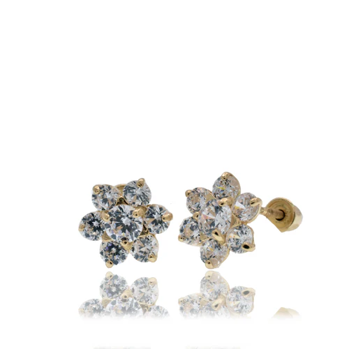 14K Yellow Gold Flower Clear CZ Screw Back Earrings