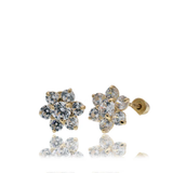 14K Yellow Gold Flower Clear CZ Screw Back Earrings