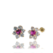 Load image into Gallery viewer, 14K Yellow Gold Flower Red And Clear CZ Screw Back Earrings