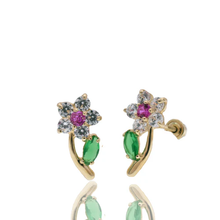 Load image into Gallery viewer, 14K Yellow Gold Flower Emerald Leaf Baguette Clear And Red CZ Screw Back Earrings