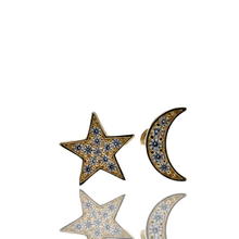 Load image into Gallery viewer, 14K Yellow Gold Star And Moon Clear CZ Screw Back Earrings