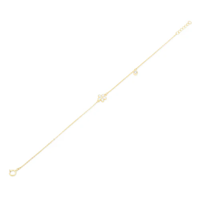 14K Yellow Gold White Flower And Round Clear CZ Charm Adjustable Bracelet