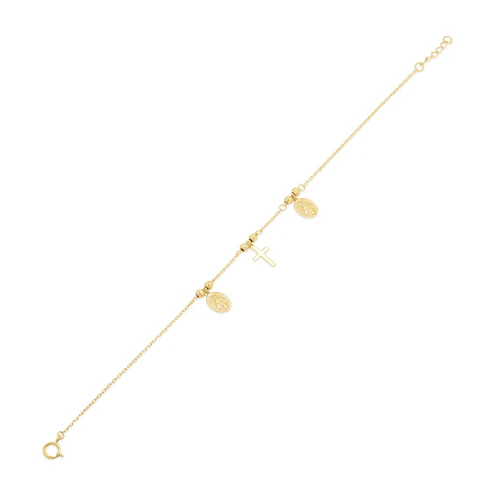 14K Yellow Gold Diamond Cut Beads Guadalupe And Cross Charms Adjustable Bracelet