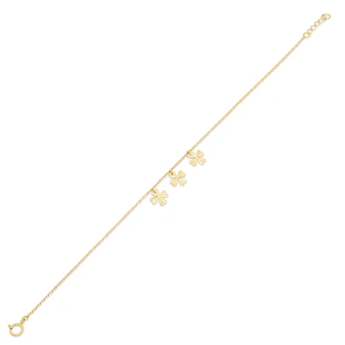 14K Yellow Gold Diamond Cut Flour Leaf Clover Charms Adjustable Bracelet
