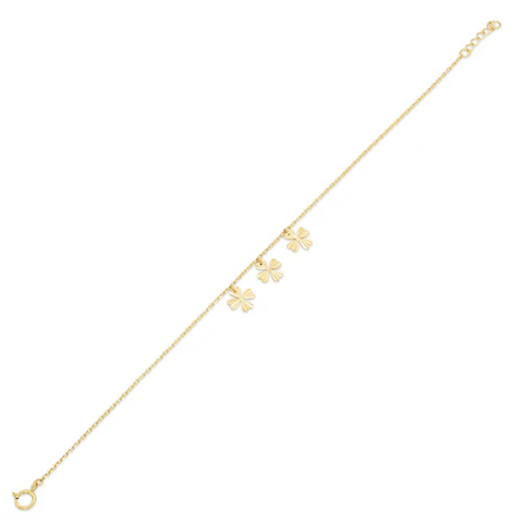 14K Yellow Gold Diamond Cut Flour Leaf Clover Charms Adjustable Bracelet