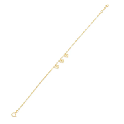 14K Yellow Gold Three Diamond Cut Heart Charm Adjustable Bracelet