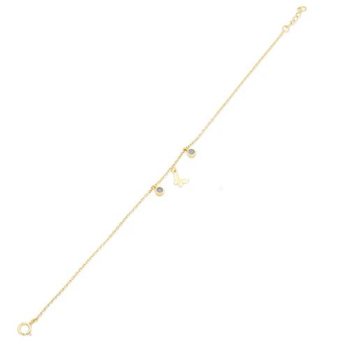 14K Yellow Gold Butterfly And Round Opal Charms Adjustable Bracelet