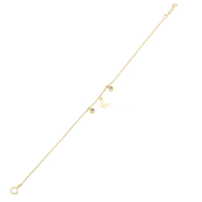 14K Yellow Gold Butterfly And Round Opal Charms Adjustable Bracelet