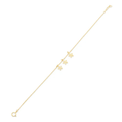 14K Yellow Gold Three Flowers Charm Adjustable Bracelet