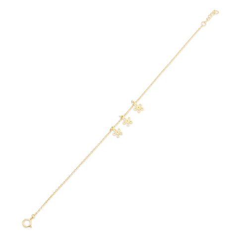 14K Yellow Gold Three Flowers Charm Adjustable Bracelet