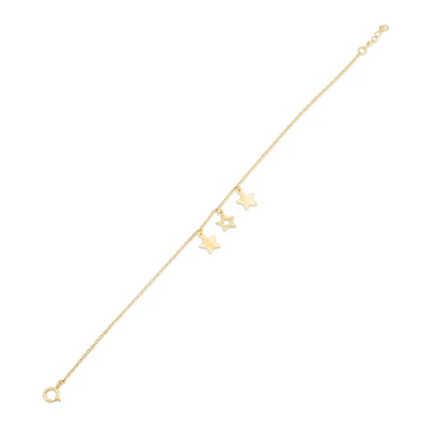 14K Yellow Gold Three Stars Diamond Cut Charm Adjustable Bracelet
