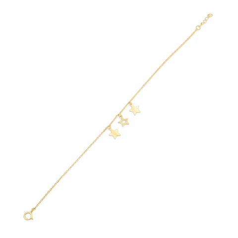 14K Yellow Gold Three Stars Diamond Cut Charm Adjustable Bracelet