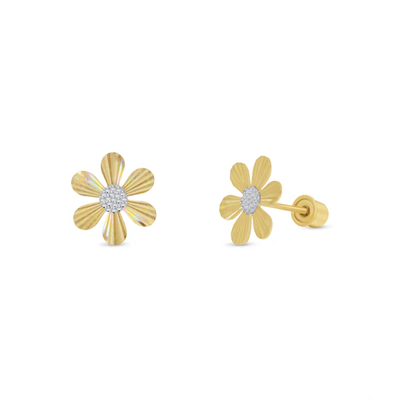 14K Yellow And White Gold Iridescent Daisy Screw Back Earrings