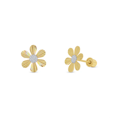 14K Yellow And White Gold Iridescent Daisy Screw Back Earrings