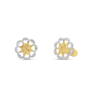 14K Yellow And White Gold Diamond Cut Flower Screw Back Earrings