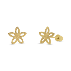 14K Yellow Gold Diamond Cut Star Flower Screw Back Earrings