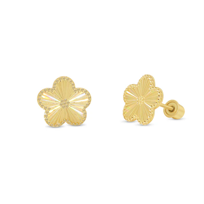 14K Yellow Gold Diamond Cut Iridescent Flower Screw Back Earrings