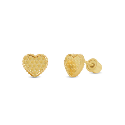 14K Yellow Gold Heart Beaded And Honeycomb Screw Back Earrings